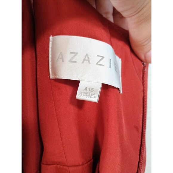 Azazie Bridesmaid Dress Red/Orange Skirt Side Slit Sleeveless Straps - Picture 7 of 9